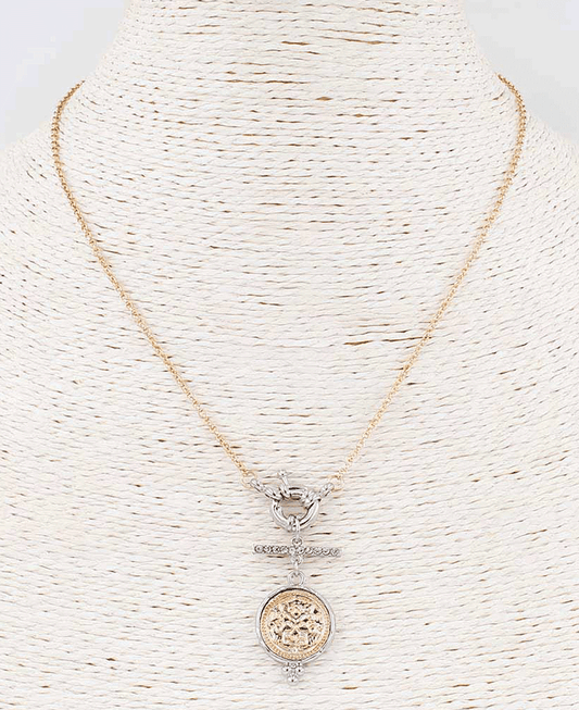 Two Tone Metal Coin Toggle Necklace