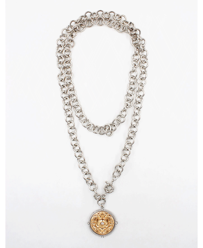 Two Tone Layered Chain Coin Pendant Necklace