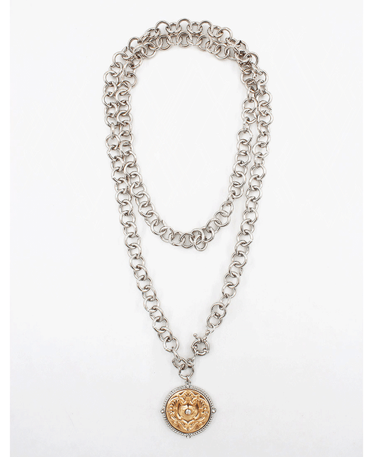 Two Tone Layered Chain Coin Pendant Necklace