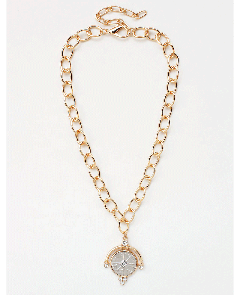 Round Compass Pendant Link Chain Necklace