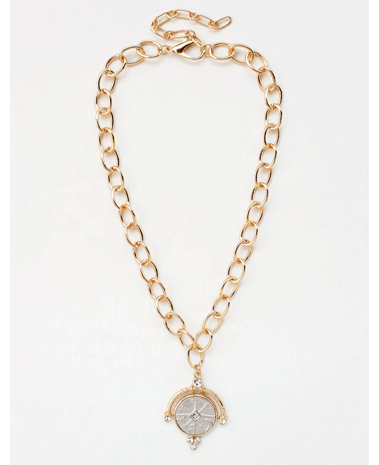 Round Compass Pendant Link Chain Necklace