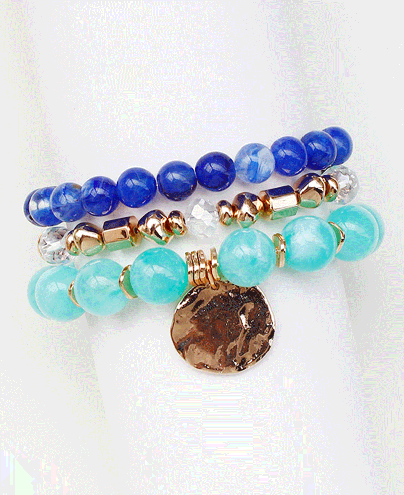Multi Stone w/ Hammered Coin Charm Bracelet