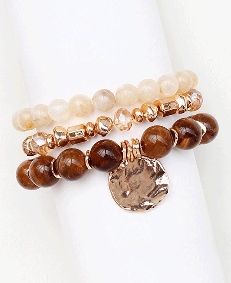 Multi Stone w/ Hammered Coin Charm Bracelet