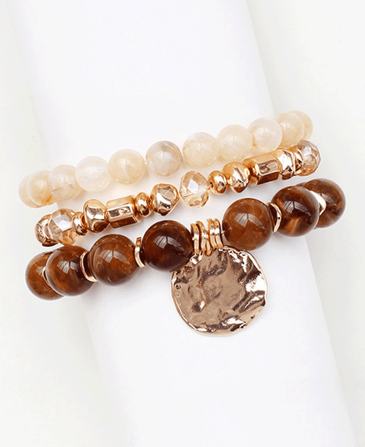 Multi Stone w/ Hammered Coin Charm Bracelet