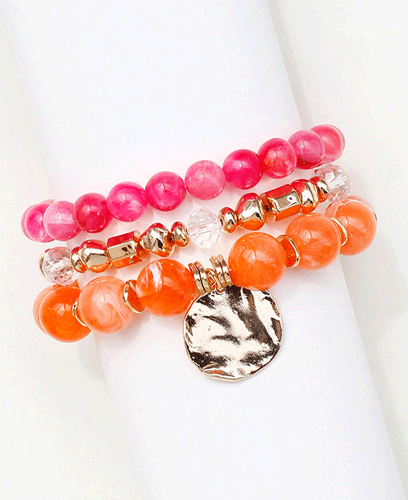 Multi Stone w/ Hammered Coin Charm Bracelet
