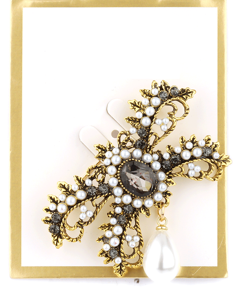 Rhinestone & Pearl Bow Brooch