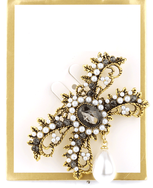 Rhinestone & Pearl Bow Brooch