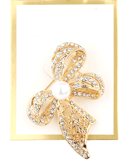 Rhinestone Bow w/ Pearl Brooch