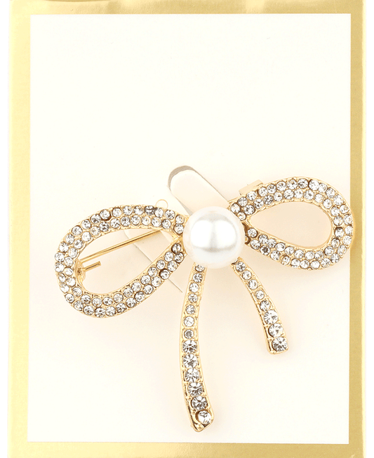 Rhinestone Bow w/ Pearl Brooch