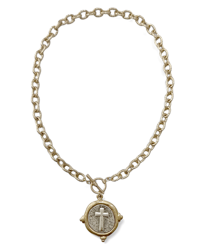 Cross Coin Pendant Chunky Chain Short Necklace