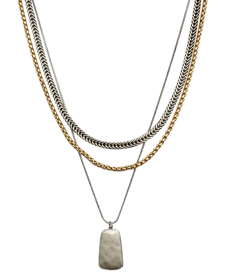 Textured Pendant 3 Strand Layered Short Necklace