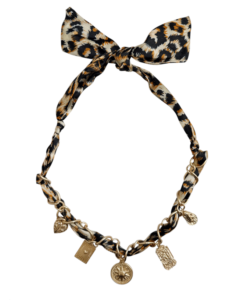Multi Charm Leopard Scarf Necklace