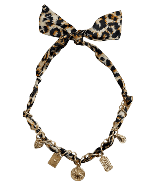 Multi Charm Leopard Scarf Necklace