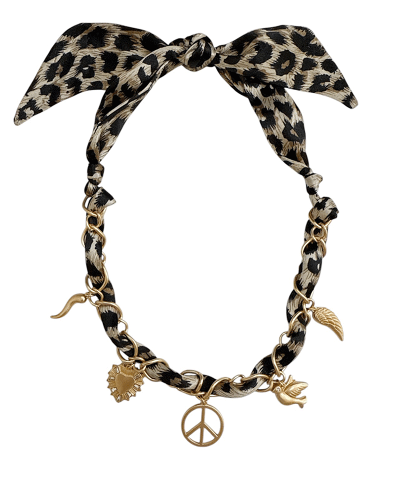 Multi Charm Leopard Scarf Necklace