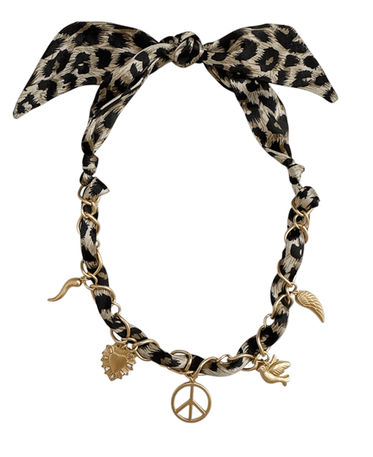 Multi Charm Leopard Scarf Necklace
