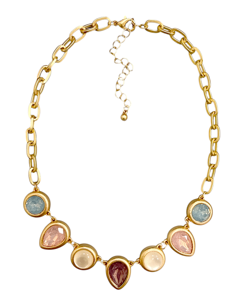 Round & Teardrop Glass Stone Chain Short Necklace