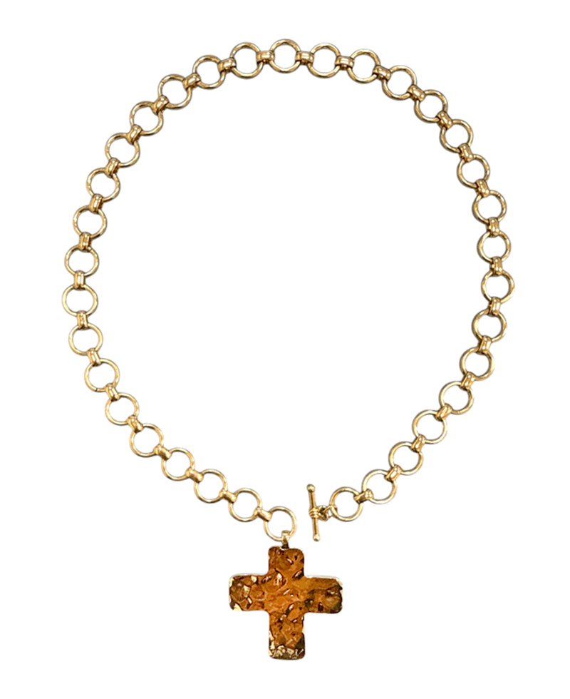 Hammered Cross Pendant Open Link Chain Short Necklace