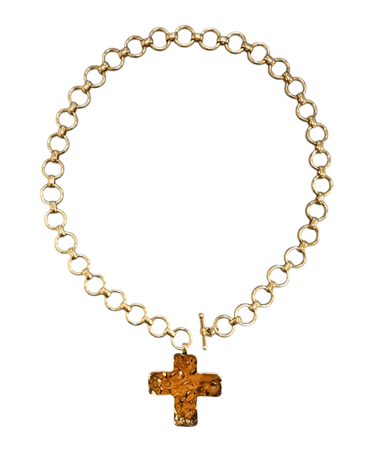 Hammered Cross Pendant Open Link Chain Short Necklace