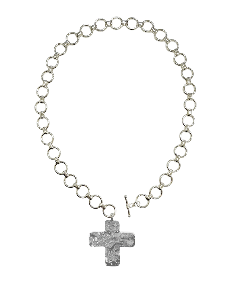 Hammered Cross Pendant Open Link Chain Short Necklace