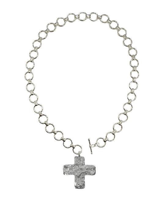 Hammered Cross Pendant Open Link Chain Short Necklace