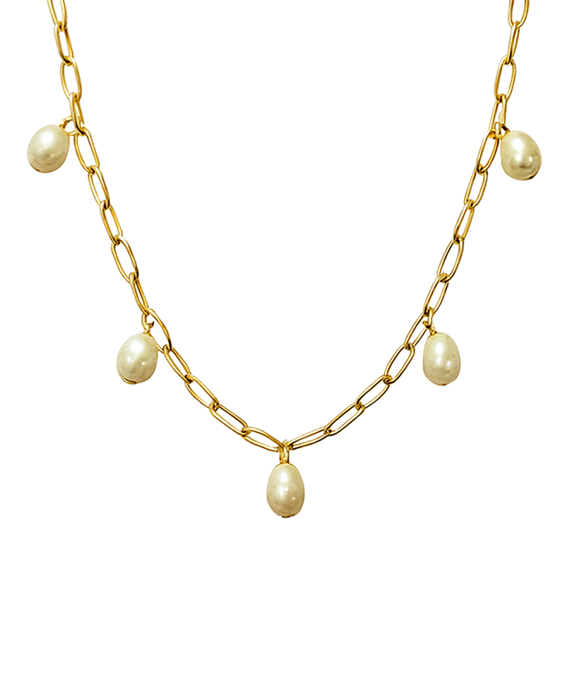Five Pearl Station Chain Short Necklace - 16"
