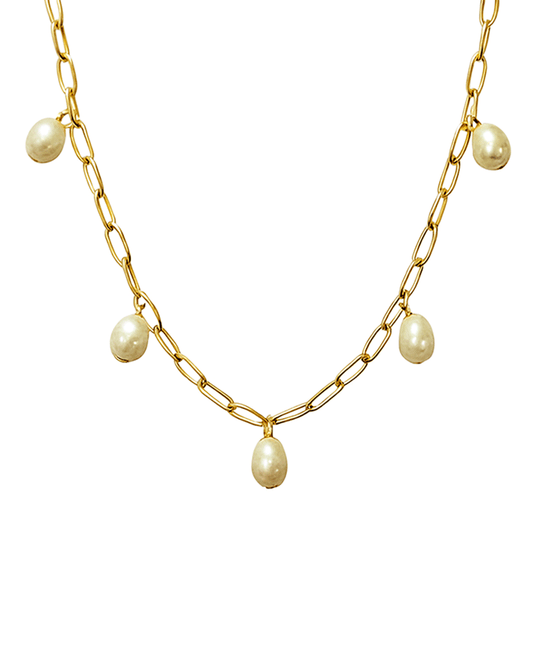 Five Pearl Station Chain Short Necklace - 16"