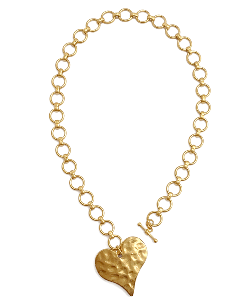 Hammered Heart Circular Link Chain Necklace