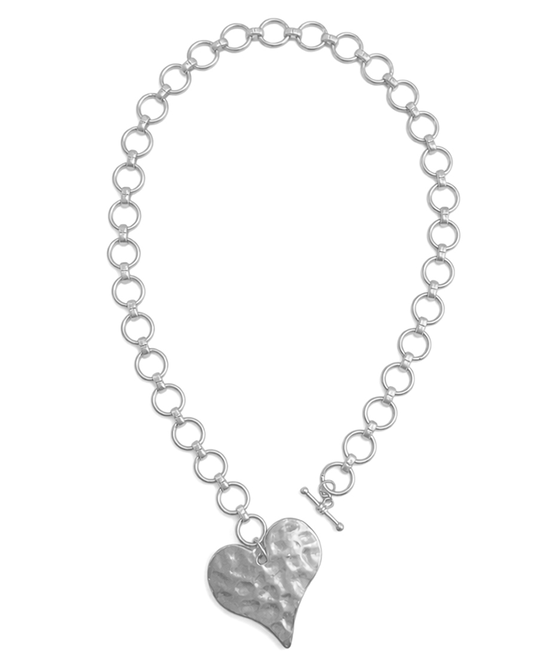 Hammered Heart Circular Link Chain Necklace