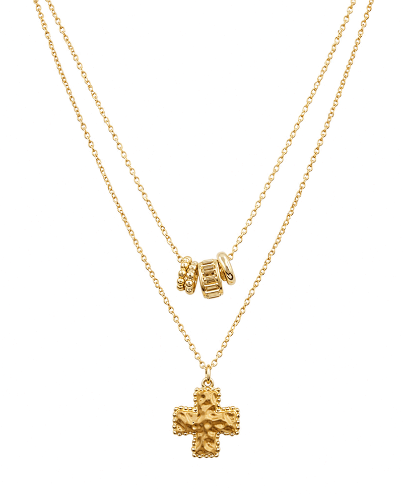 Textured Cross & Charms Layered Short Necklace