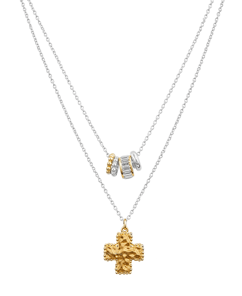 Textured Cross & Charms Layered Short Necklace