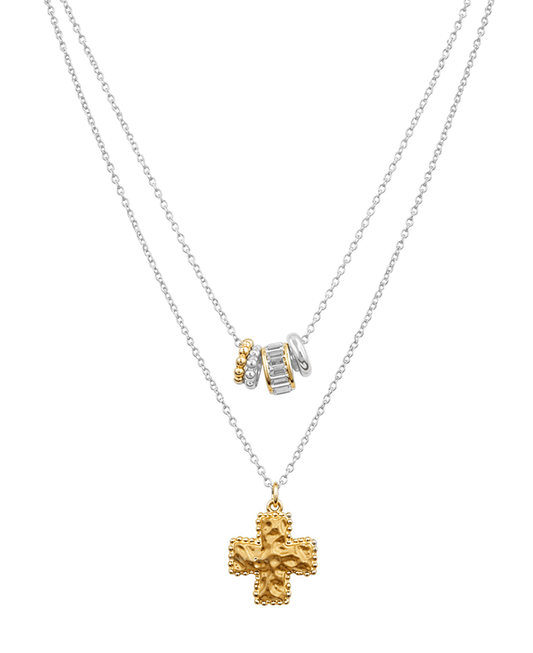 Textured Cross & Charms Layered Short Necklace