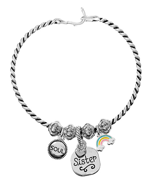 Sister Engraved Charm Wire Hook Bangle Bracelet