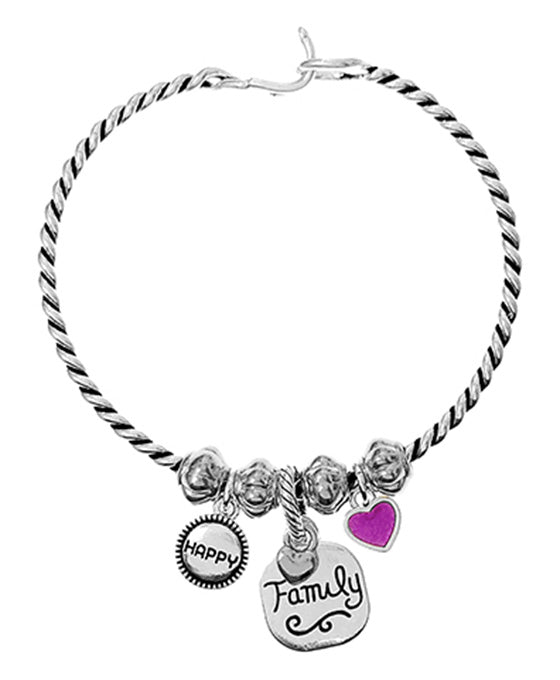 Family Engraved Charm Wire Hook Bangle Bracelet