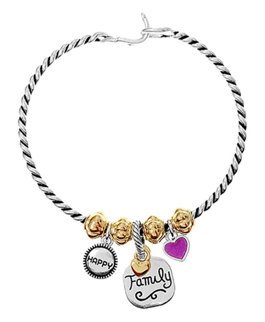 Family Engraved Charm Wire Hook Bangle Bracelet