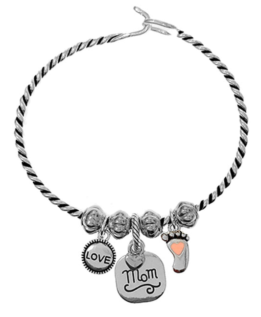 Mom Engraved Charm Wire Hook Bangle Bracelet