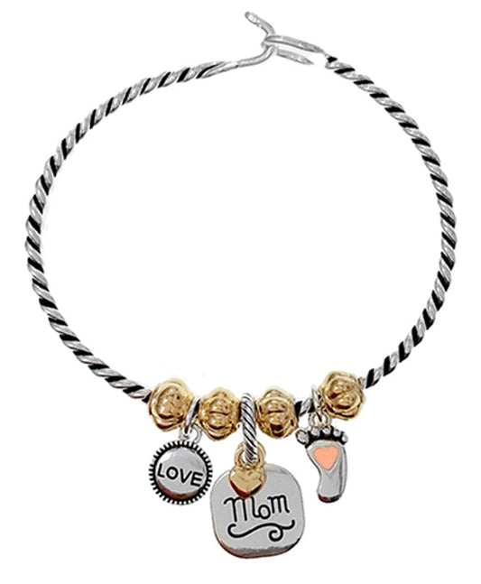 Mom Engraved Charm Wire Hook Bangle Bracelet