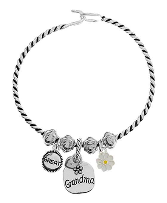 Grandma Engraved Charm Wire Hook Bangle Bracelet