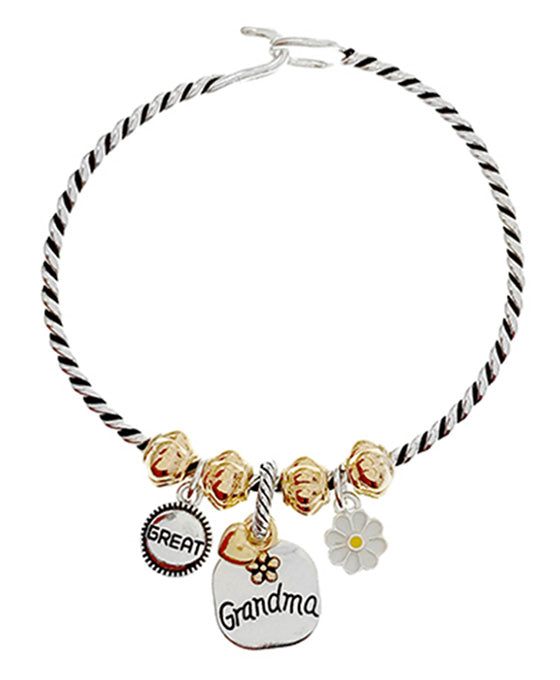 Grandma Engraved Charm Wire Hook Bangle Bracelet