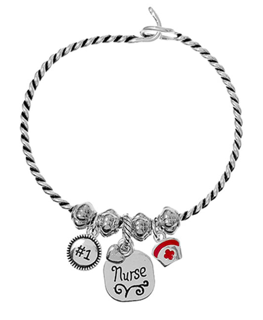 Nurse Engraved Charm Wire Hook Bangle Bracelet