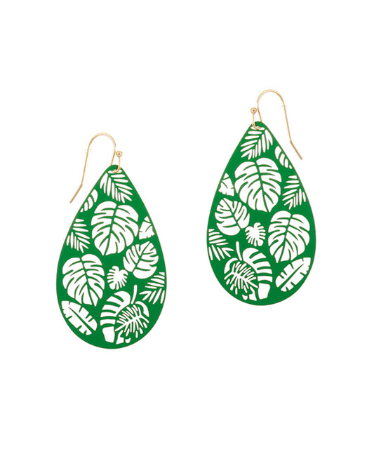 Metal Filigree Tropical Leaf Teardrop Earring