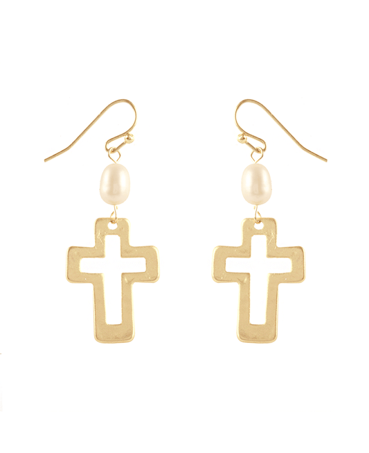 Pearl & Metal Cross Open Cut Earring
