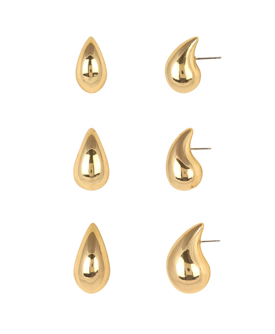 Metal Teardrop 3 Pair Post Earring