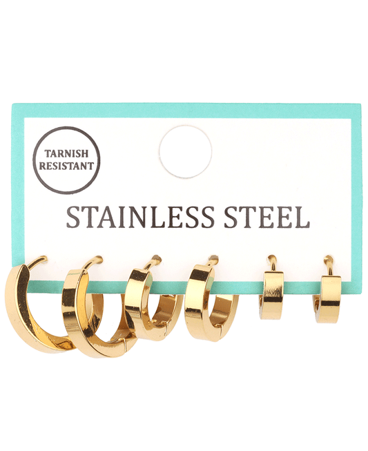 Metal Stainless 3 Pair Hoop Huggie Earring