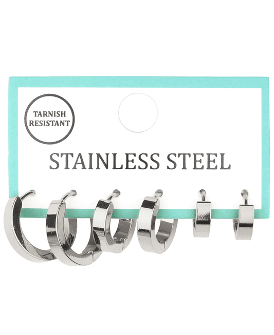 Metal Stainless 3 Pair Hoop Huggie Earring