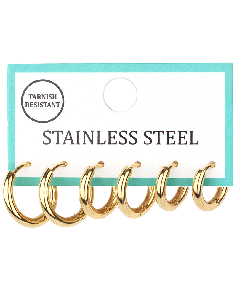 Metal Stainless 3 Pair Hoop Huggie Earring