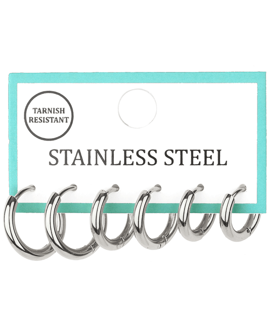 Metal Stainless 3 Pair Hoop Huggie Earring