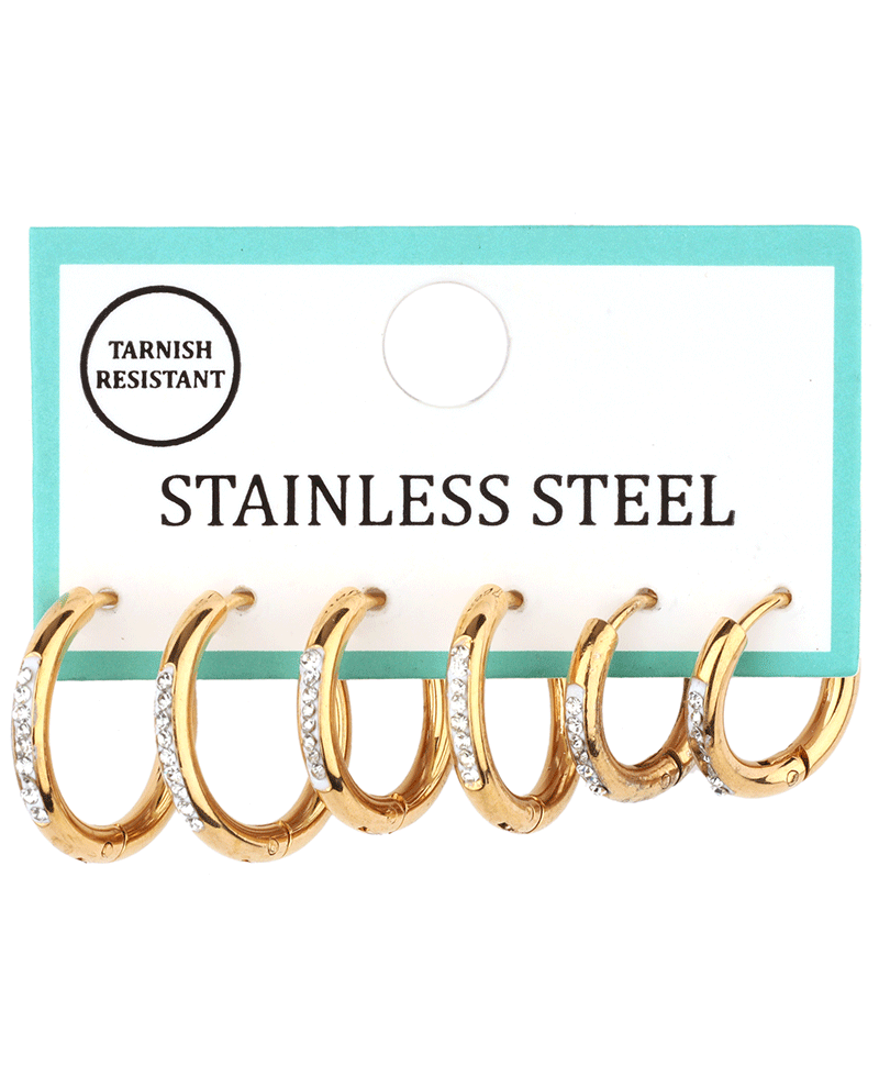 Stainless w/ Rhinestone 3 Pair Hoop Earring