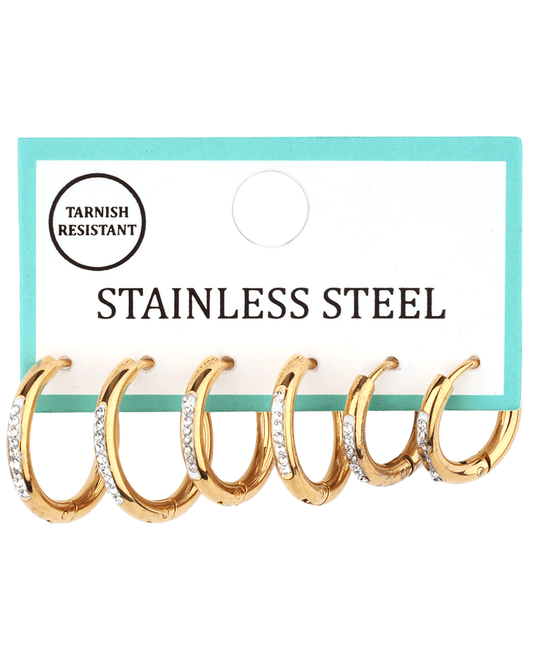 Stainless w/ Rhinestone 3 Pair Hoop Earring