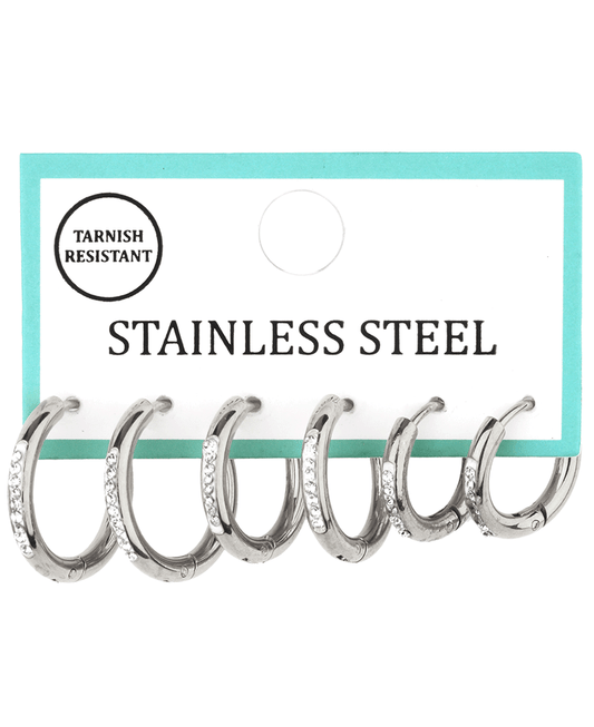 Stainless w/ Rhinestone 3 Pair Hoop Earring