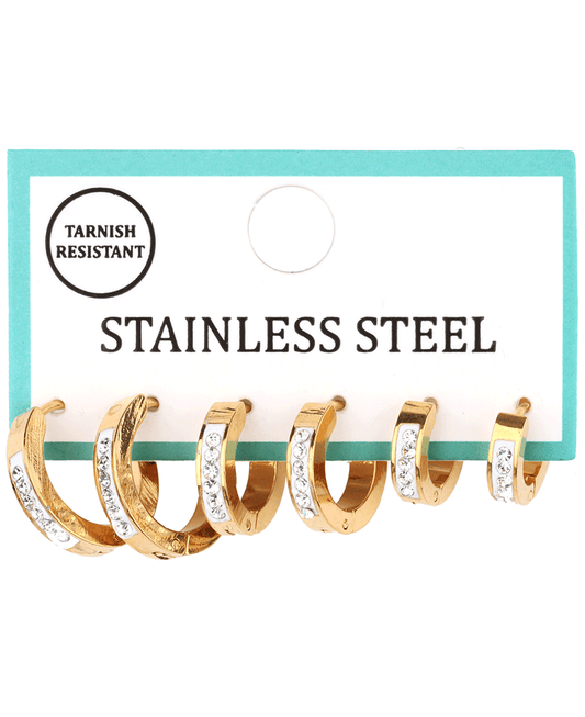 Stainless w/ Rhinestone 3 Pair Hoop Earring